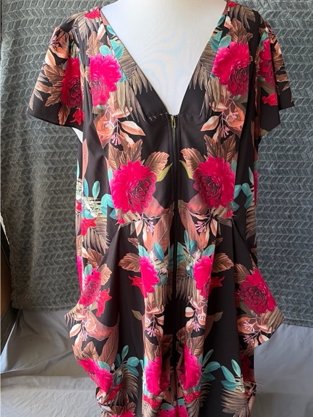 City Chic Black Midi Dress with Hot Pink and Teal Floral Print